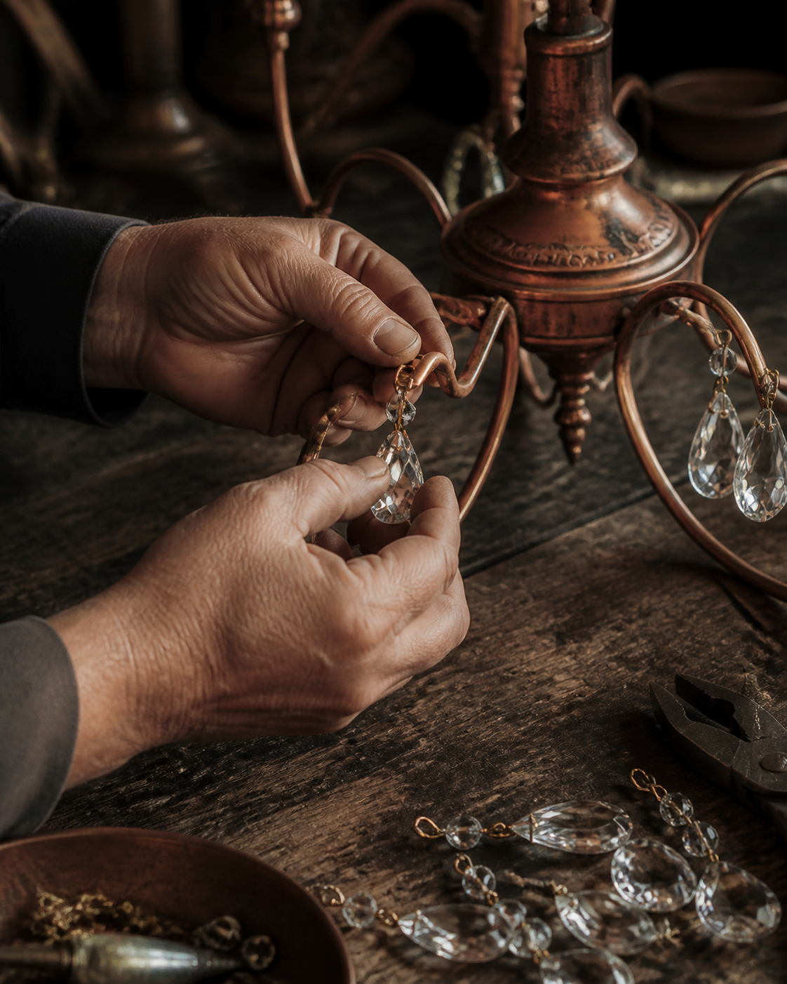 Artisan assemblant à la main des éléments en cuivre et cristal